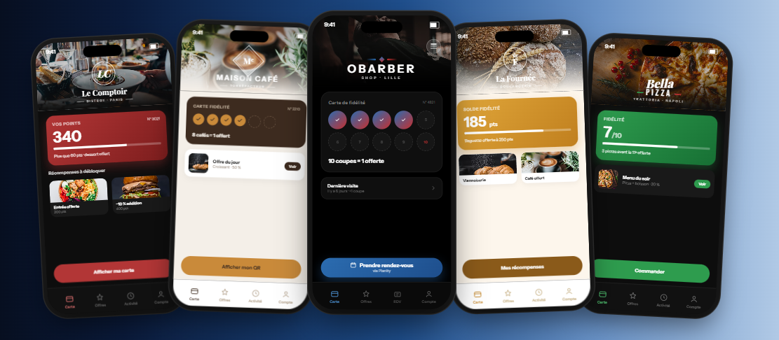 Cinq cartes de fidélité aux couleurs de commerces différents : bistrot, café, barbershop, boulangerie et pizzeria